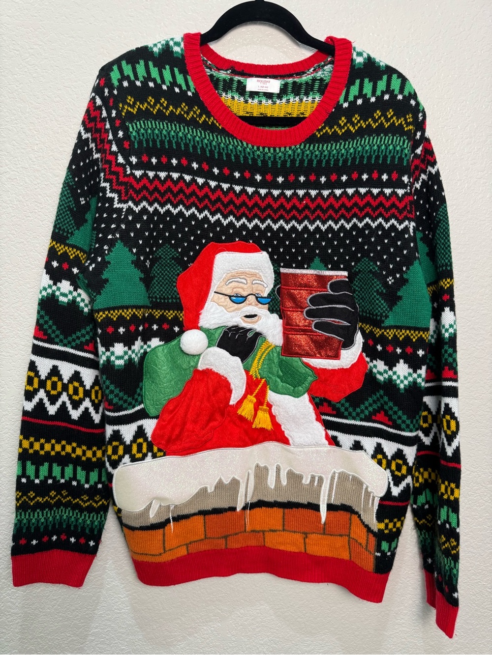 Holiday Time Mens L Ugly Christmas Sweater Santa Red Cup 3D Chimney Fair Isle